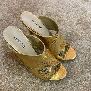 Gold Metallic Open Toe Heels